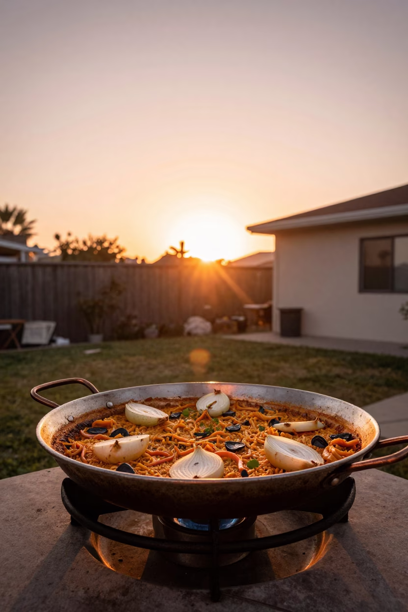 Copper Toned Dusk in San Diego California with Paella Pan and Onions in in San Diego, California, United States