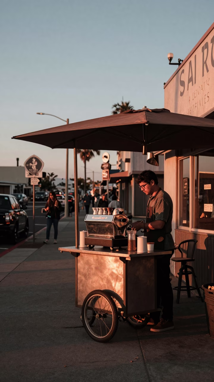 Copper-Toned Dusk in San Diego Street Scene with Coffee Grinders and Saucers in in San Diego, California, United States