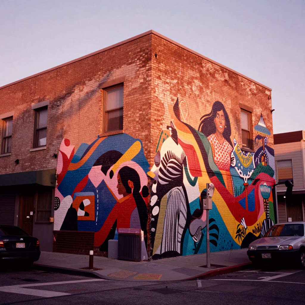 Copper-Toned Dusk in San Francisco Street Mural and Urban Life in in San Francisco, California, United States