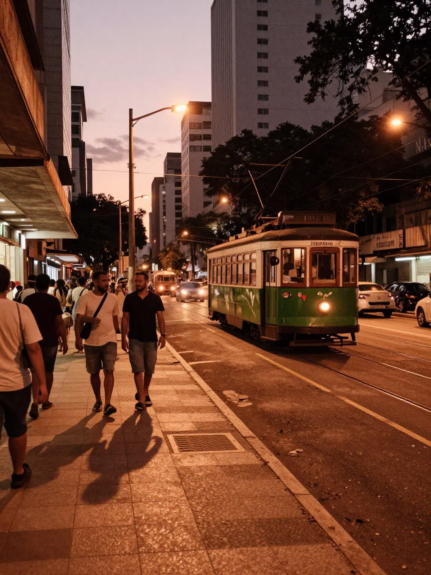 Copper-toned Dusk in São Paulo Street Scene with Tram and Busy Sidewalk in in São Paulo, Brazil