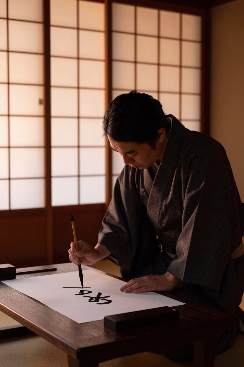 Copper Toned Dusk in Sapporo Japan Traditional Calligraphy Demonstration in Wooden Studio in in Sapporo, Japan