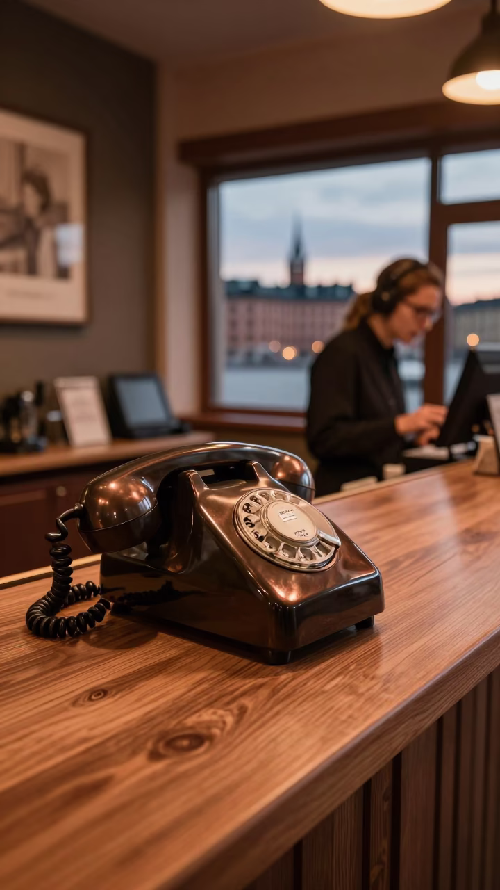 Copper-toned dusk in Stockholm featuring vintage Bakelite telephone on hotel reception desk in in Stockholm, Sweden