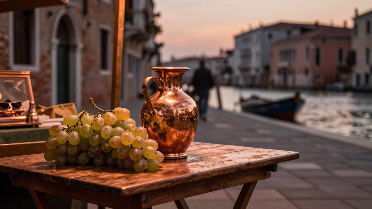 Copper-toned Dusk in Venice Italy Street Scene with Grapes and Vase in in Venice, Italy