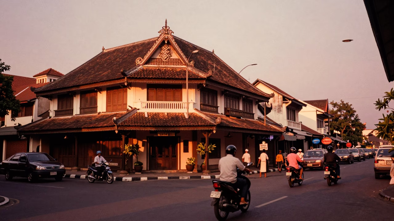 Copper-toned Dusk in Yogyakarta Indonesia Street Scene with Traditional Architecture in in Yogyakarta, Indonesia