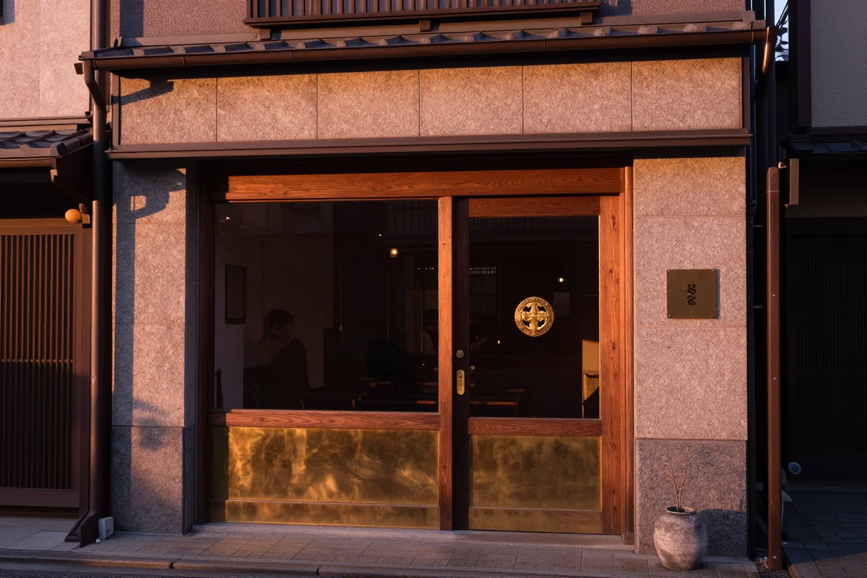 Copper-toned dusk light illuminates a Sapporo storefront with brass escutcheon and wicker basket in in Sapporo, Japan