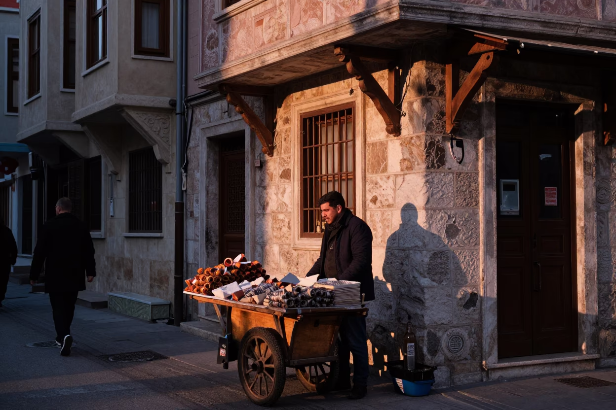 Copper-toned dusk light illuminates a street vendor selling traditional Turkish simit in Istanbul in in Istanbul, Turkey