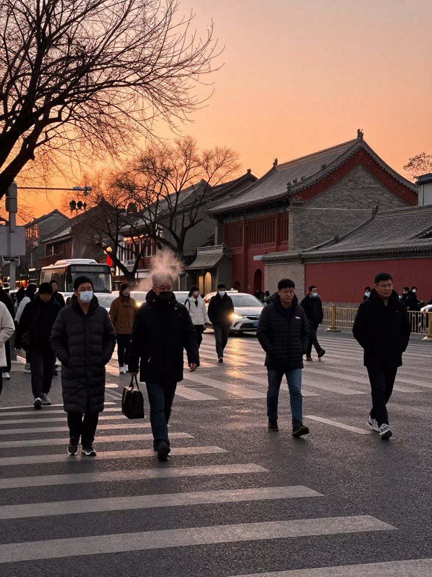Copper-toned dusk light illuminates busy Beijing street scene with commuters and traditional architecture in in Beijing, China