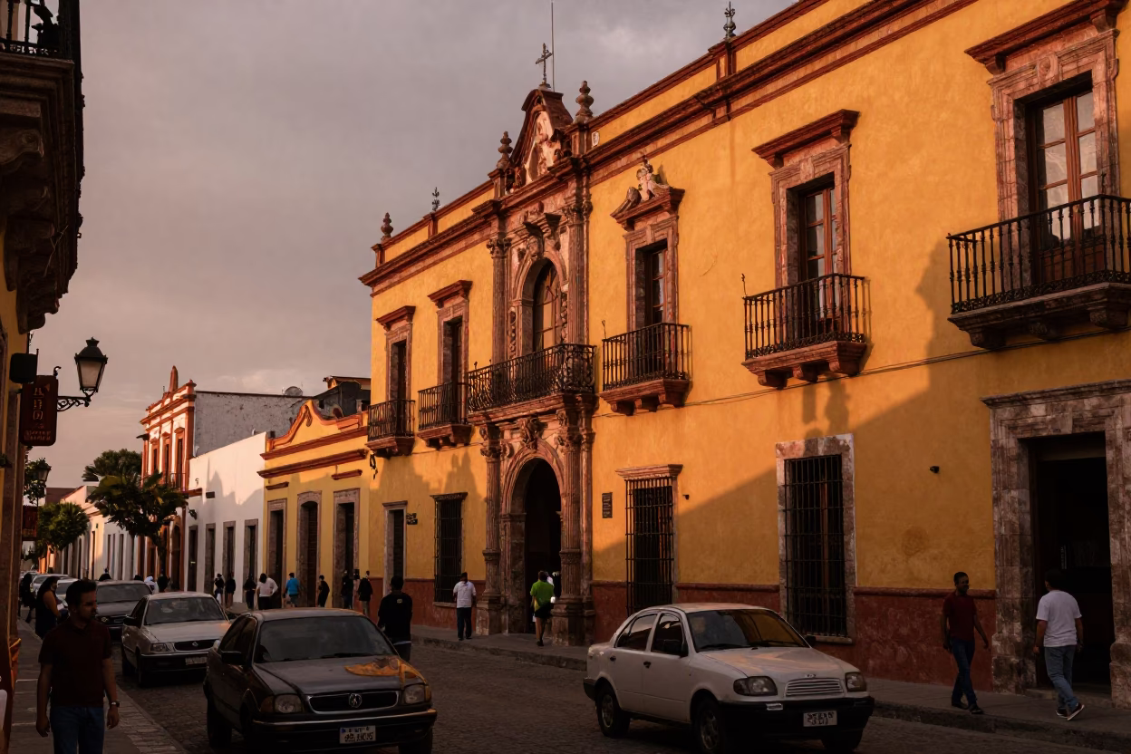 Copper-toned dusk light illuminates busy Merida Mexico street scene with colonial architecture in in Merida, Mexico