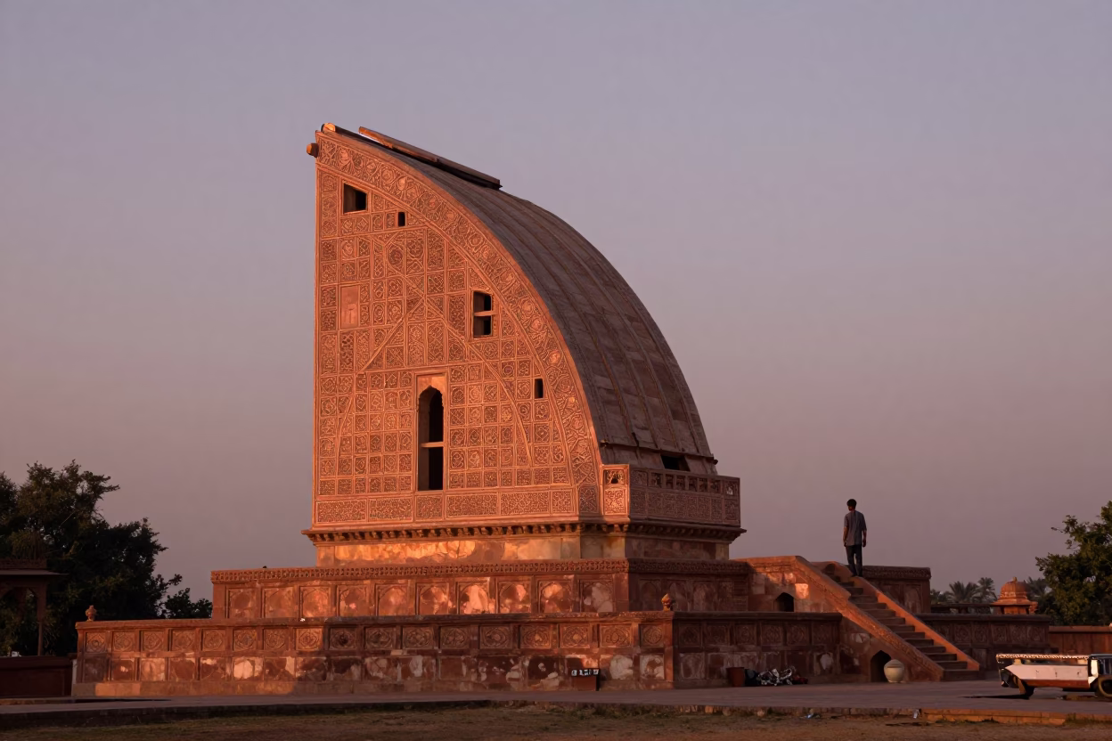 Copper-toned dusk light illuminates historic stone observatory hilltop in Jaipur India in in Jaipur, India