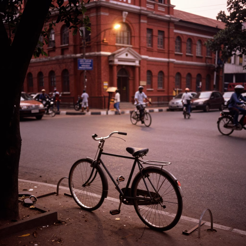 Copper-toned dusk light illuminates Kolkata street scene with bicycle rack and stone wall in in Kolkata, India