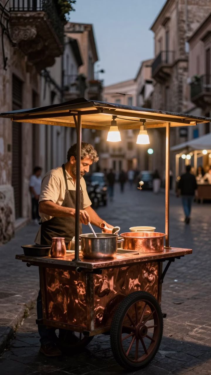 Copper Toned Dusk Light Illuminates Street Food Vendor in Palermo Italy in in Palermo, Italy