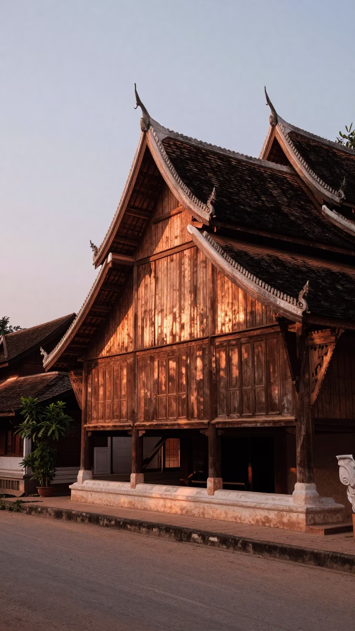 Copper-toned Dusk Light Illuminates Traditional Wooden Architecture in Luang Prabang Laos Street Scene in in Luang Prabang, Laos