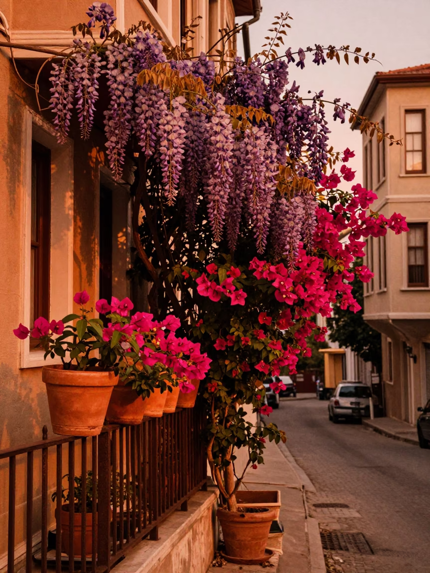 Copper-toned dusk light illuminates wisteria and bougainvillea on a traditional Istanbul balcony in in Istanbul, Turkey