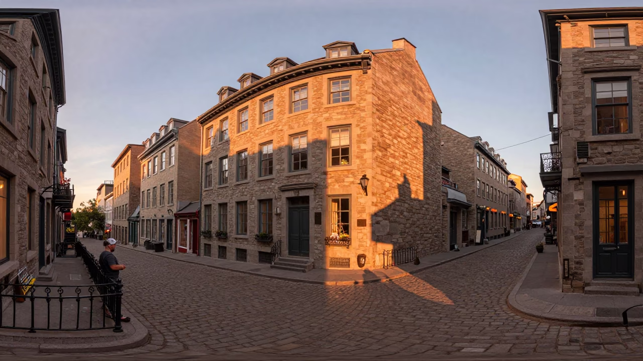 Copper-toned dusk light illuminating a Montreal Quebec street scene with vintage details in in Montreal, Quebec, Canada