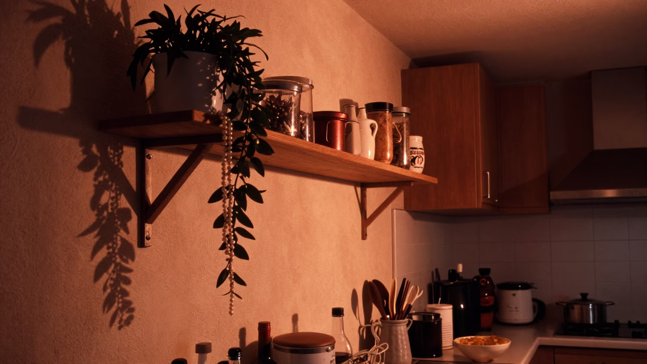 Copper-toned dusk light illuminating busy Barcelona kitchen shelf with eggplants and wicker shadows in in Barcelona, Spain