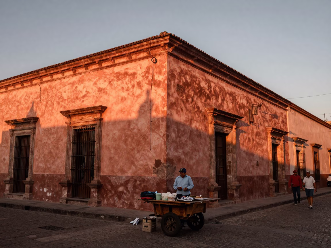 Copper-toned Dusk Light Illuminating Guadalajara Street Scene with Vintage Details in in Guadalajara, Mexico