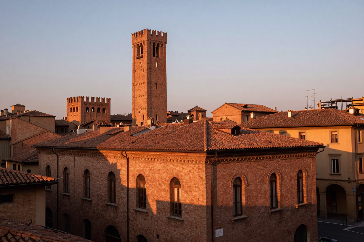 Copper Toned Dusk Light Illuminating Historic Bologna Street Corner with Vine and Bottle in in Bologna, Italy