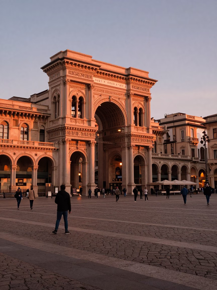 Copper Toned Dusk Light Illuminating Historic Milan Piazza with Pedestrians and Classic Architecture in in Milan, Italy