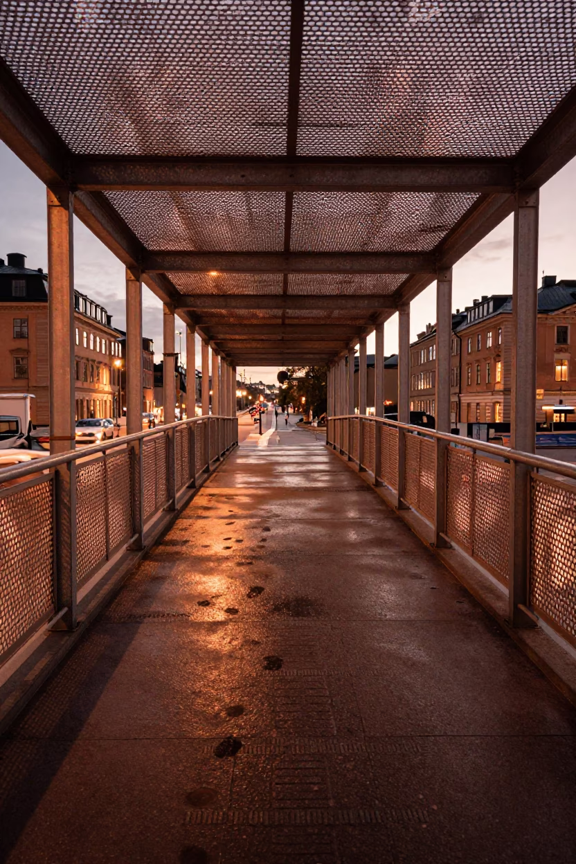 Copper Toned Dusk Light Illuminating Pedestrian Overpass and Wet Footsteps in Stockholm Sweden in in Stockholm, Sweden