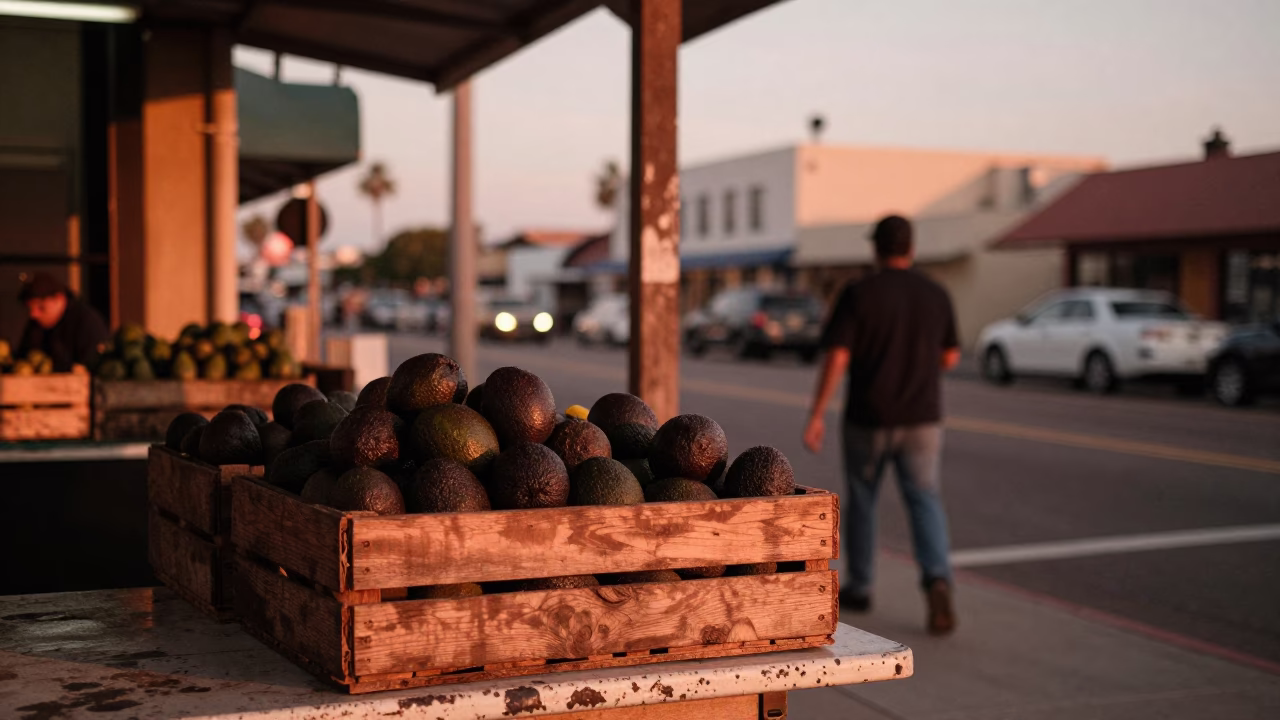 Copper Toned Dusk Light Illuminating San Diego Street Scene with Avocados and Solar Panels in in San Diego, California, United States