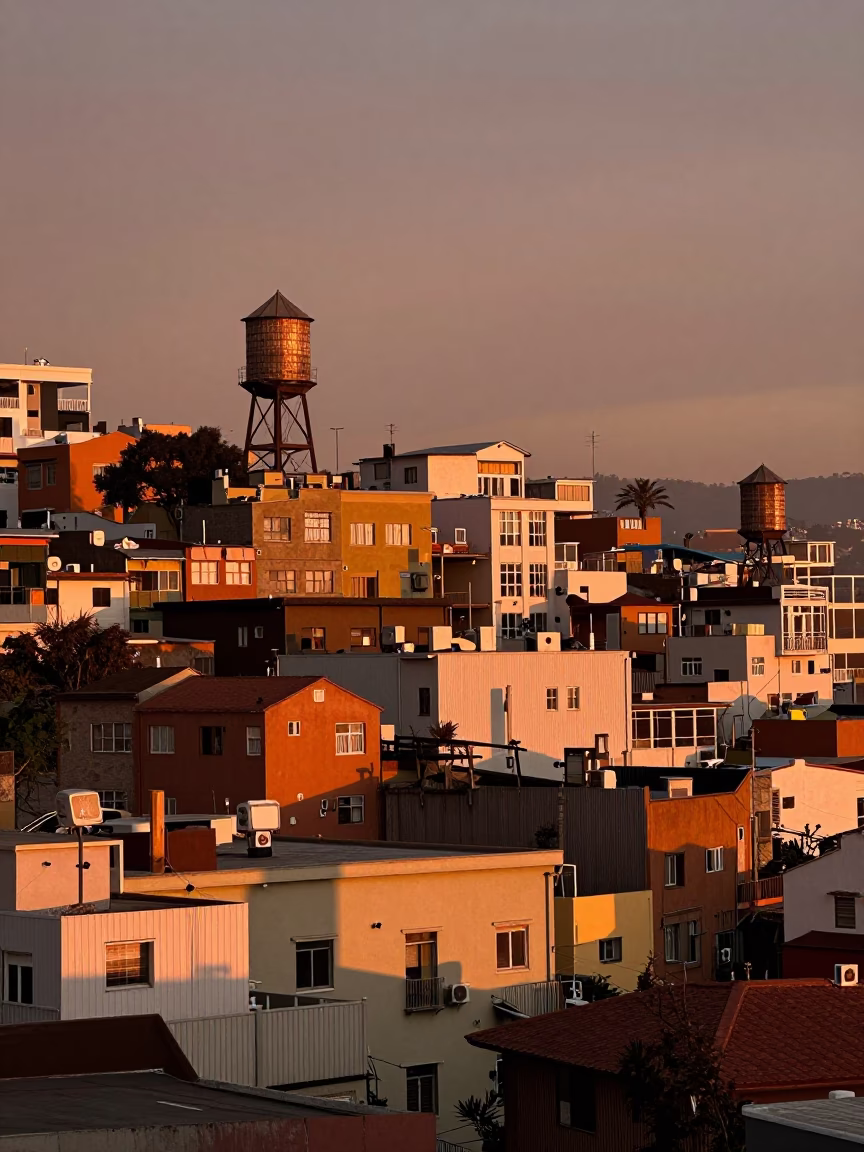 Copper-toned Dusk Light Illuminating Valparaiso Chile Rooftop Water Tower and Narrow Gauge Train in in Valparaiso, Chile