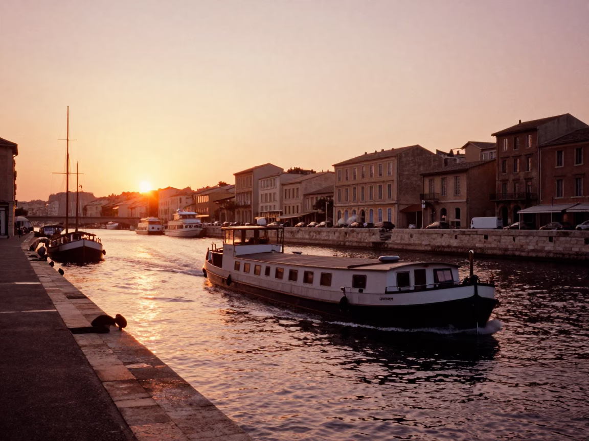 Copper-Toned Dusk Light Illuminating Vieux Port Marseille Barge Canal Waterfront in in Marseille, France
