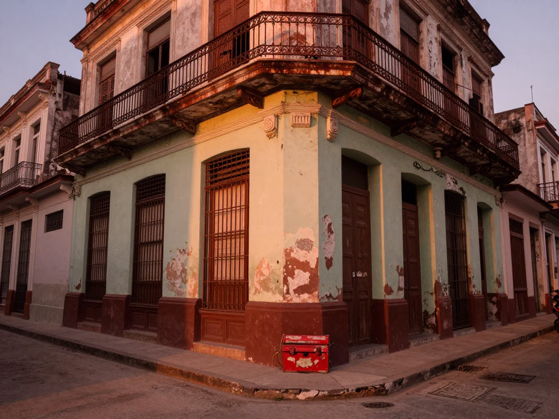 Copper-Toned Dusk Light Illuminating Weathered Havana Street Corner with Vintage Details in in Havana, Cuba