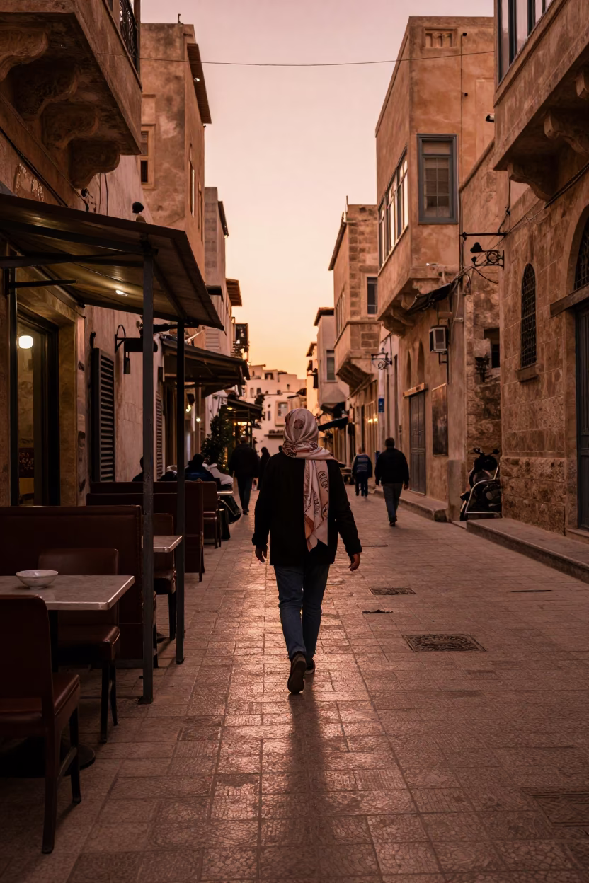 Copper-toned dusk light in Alexandria Egypt street scene with scarf and porcelain bowl in in Alexandria, Egypt