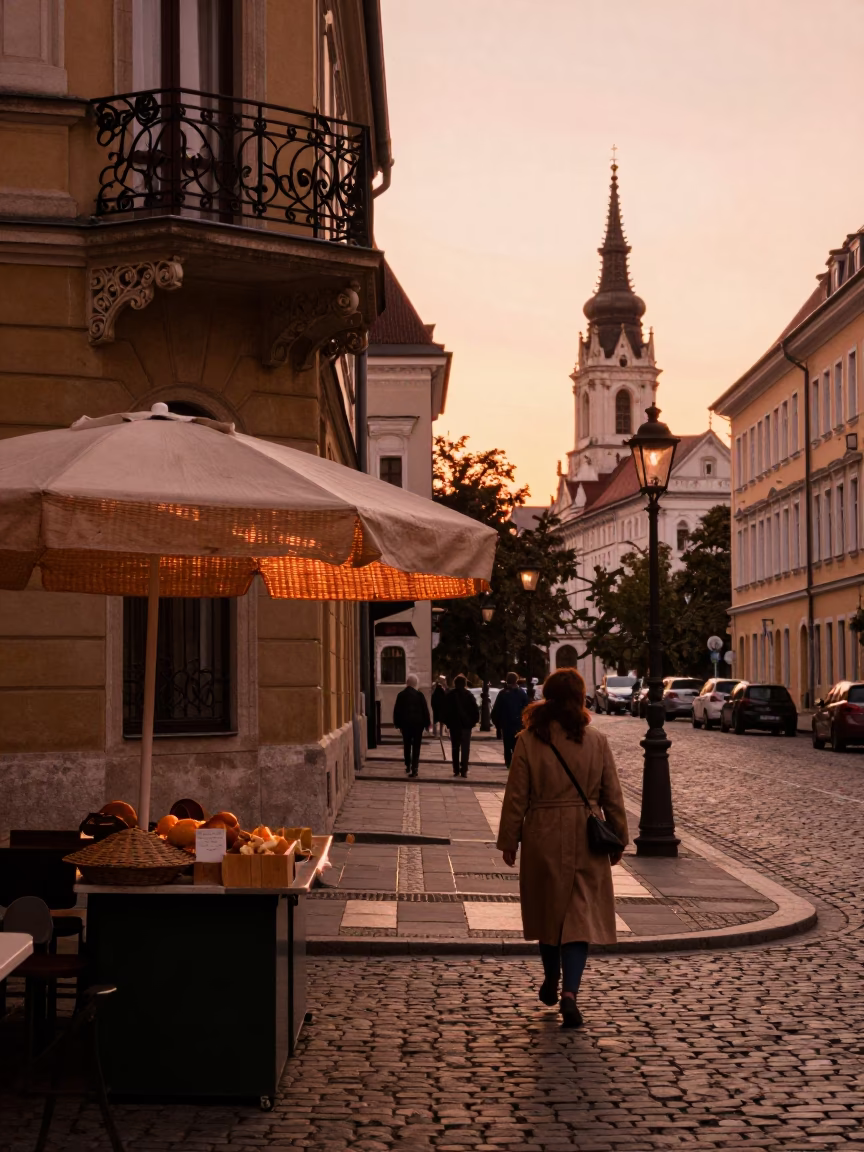 Copper Toned Dusk Light in Budapest Hungary Street Scene in in Budapest, Hungary