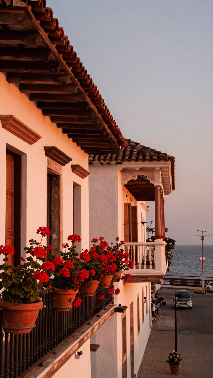 Copper-toned Dusk Light in Cartagena Colombia with Geraniums and Coastal Life in in Cartagena, Colombia