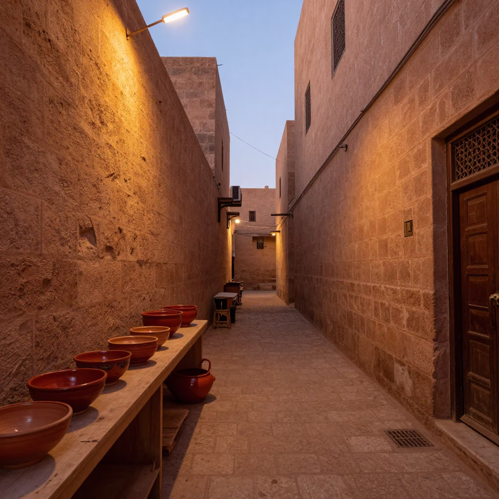 Copper-toned dusk light in Fez Morocco alleyway with ceramic bowls and carafes in in Fez, Morocco