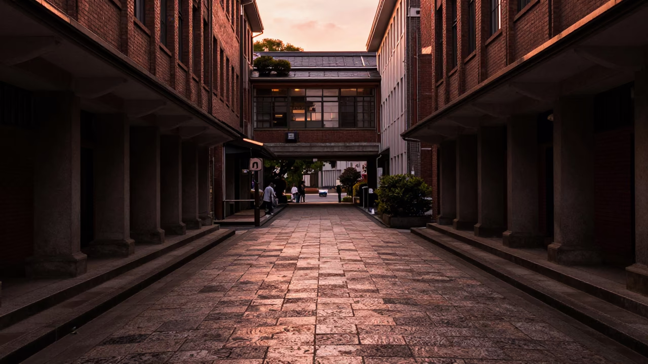 Copper Toned Dusk Light in Fukuoka University Cloister Walkway Between Old Stone Buildings in in Fukuoka, Japan