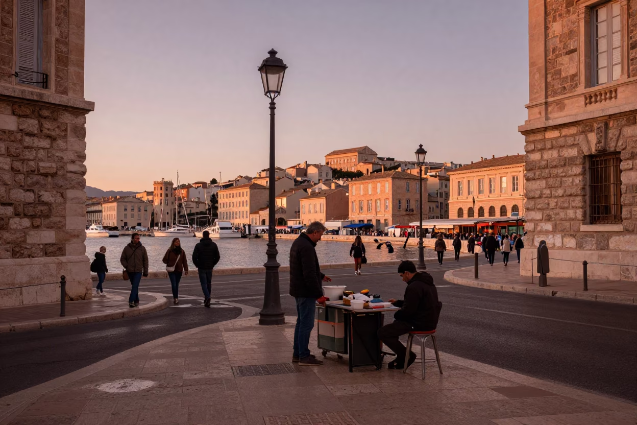 Copper-toned dusk light in Marseille France capturing street life and local details in in Marseille, France