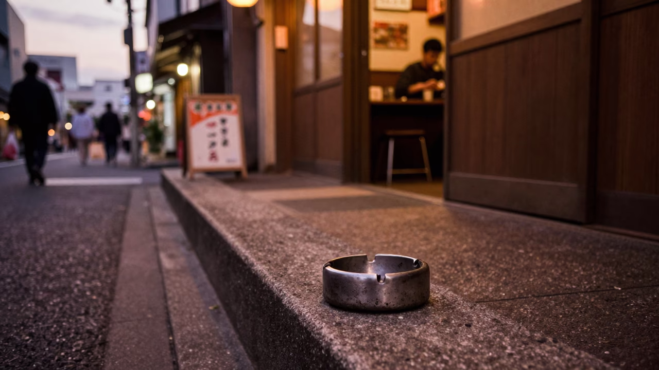 Copper-toned dusk light in Osaka Japan street scene with ashtray and letter tray in in Osaka, Japan