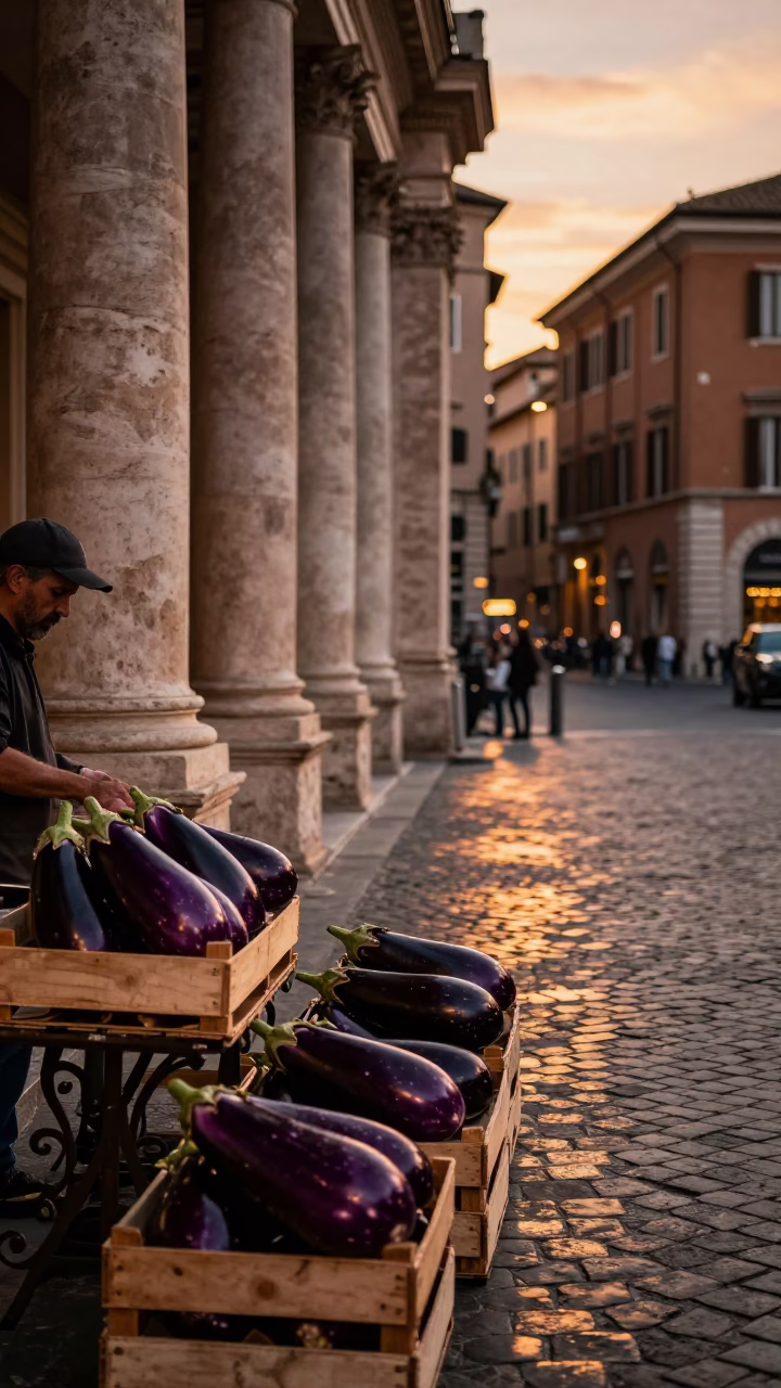Copper-toned Dusk Light in Rome Italy Street Scene with Eggplants and Ceramic Bowl in in Rome, Italy