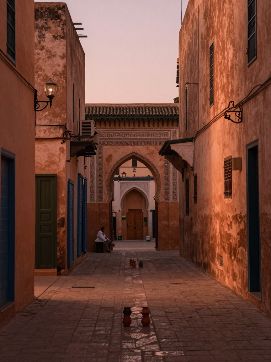 Copper-toned dusk light in Tunis medina street with ceramic mugs and accordion player in in Tunis, Tunisia