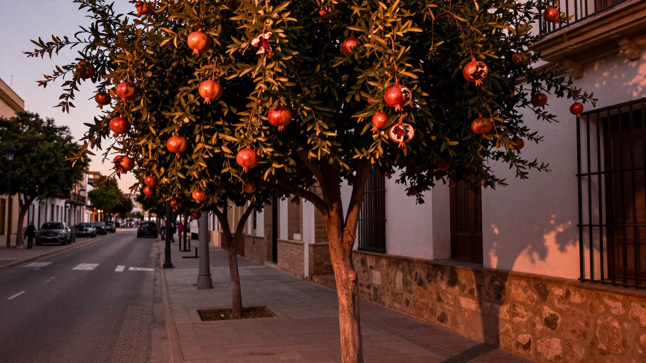 Copper-toned dusk light in Valencia Spain with pomegranate tree and brass shelf in in Valencia, Spain