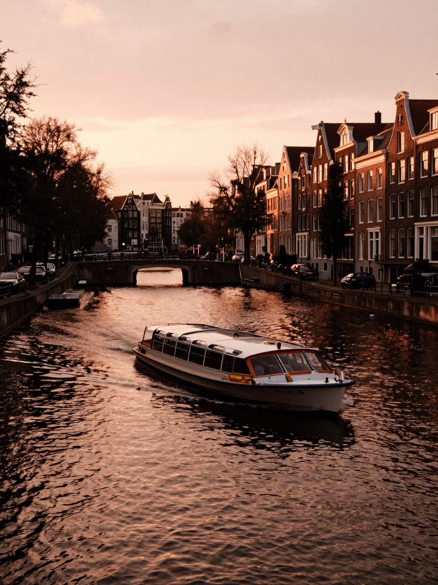 Copper-toned dusk light on Amsterdam canal with water taxi and houseboats in in Amsterdam, Netherlands