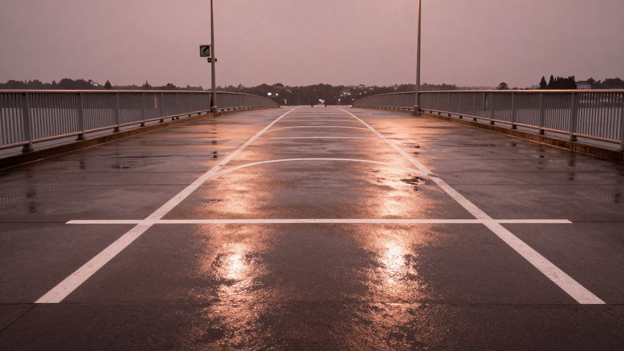 Copper-toned dusk light on Auckland harbor drawbridge deck markings reflecting drizzle in in Auckland, New Zealand