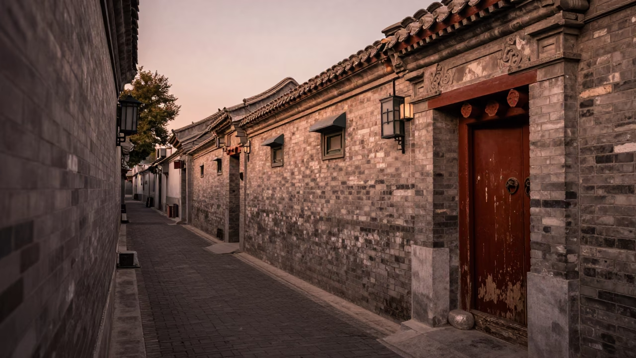 Copper-toned dusk light on Beijing hutong alleyway with traditional doorframe and street life in in Beijing, China