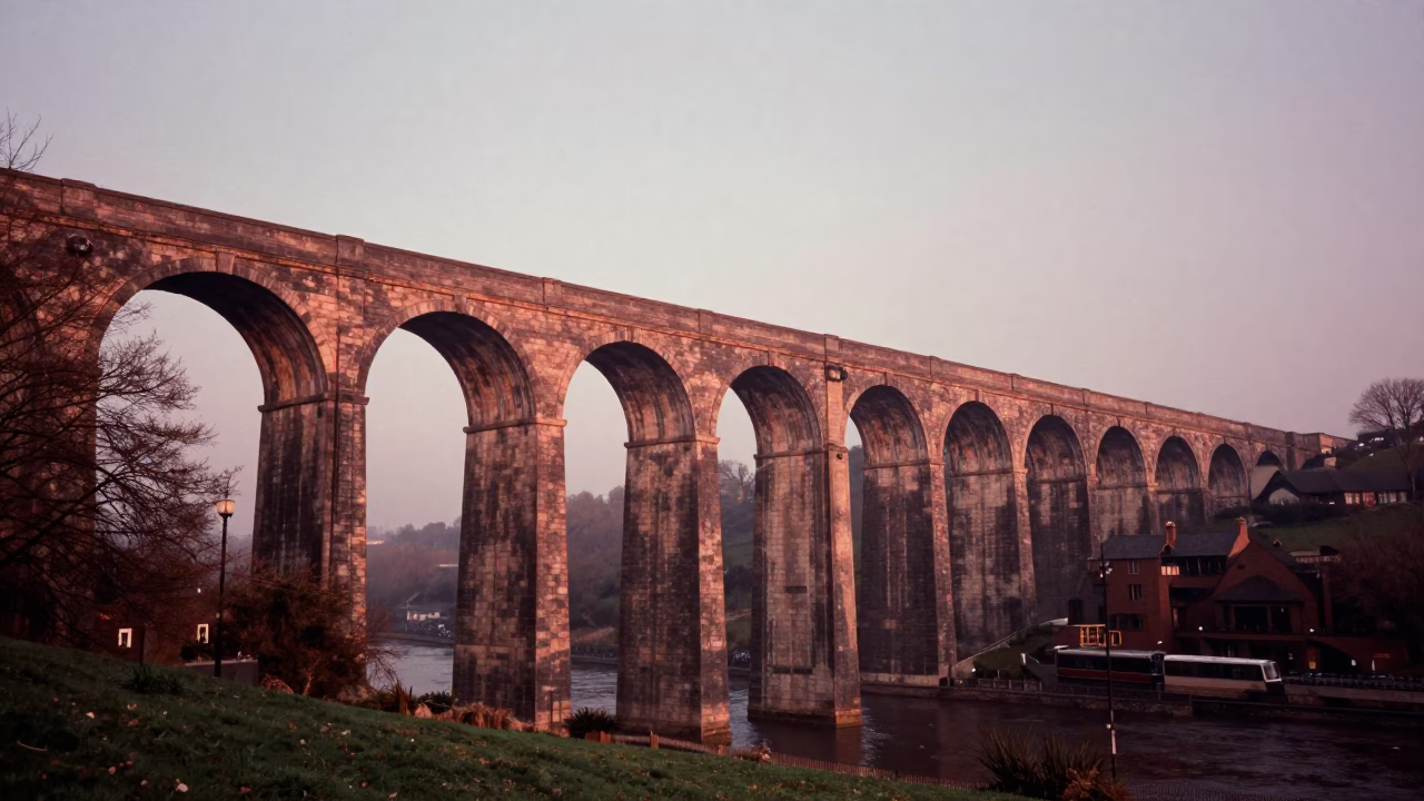 Copper-toned Dusk Light on Bristol Aqueduct Arcade and River Avon Gorge in in Bristol, United Kingdom