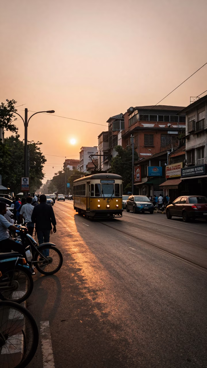 Copper-toned dusk light on busy Kolkata street with tram and vintage shop display in in Kolkata, India