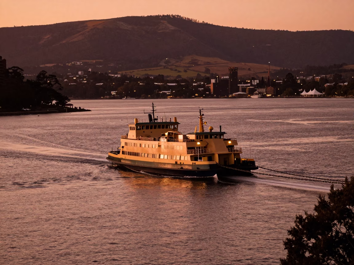 Copper Toned Dusk Light on Chain Ferry Crossing Derwent River in Hobart Tasmania in in Hobart, Tasmania, Australia