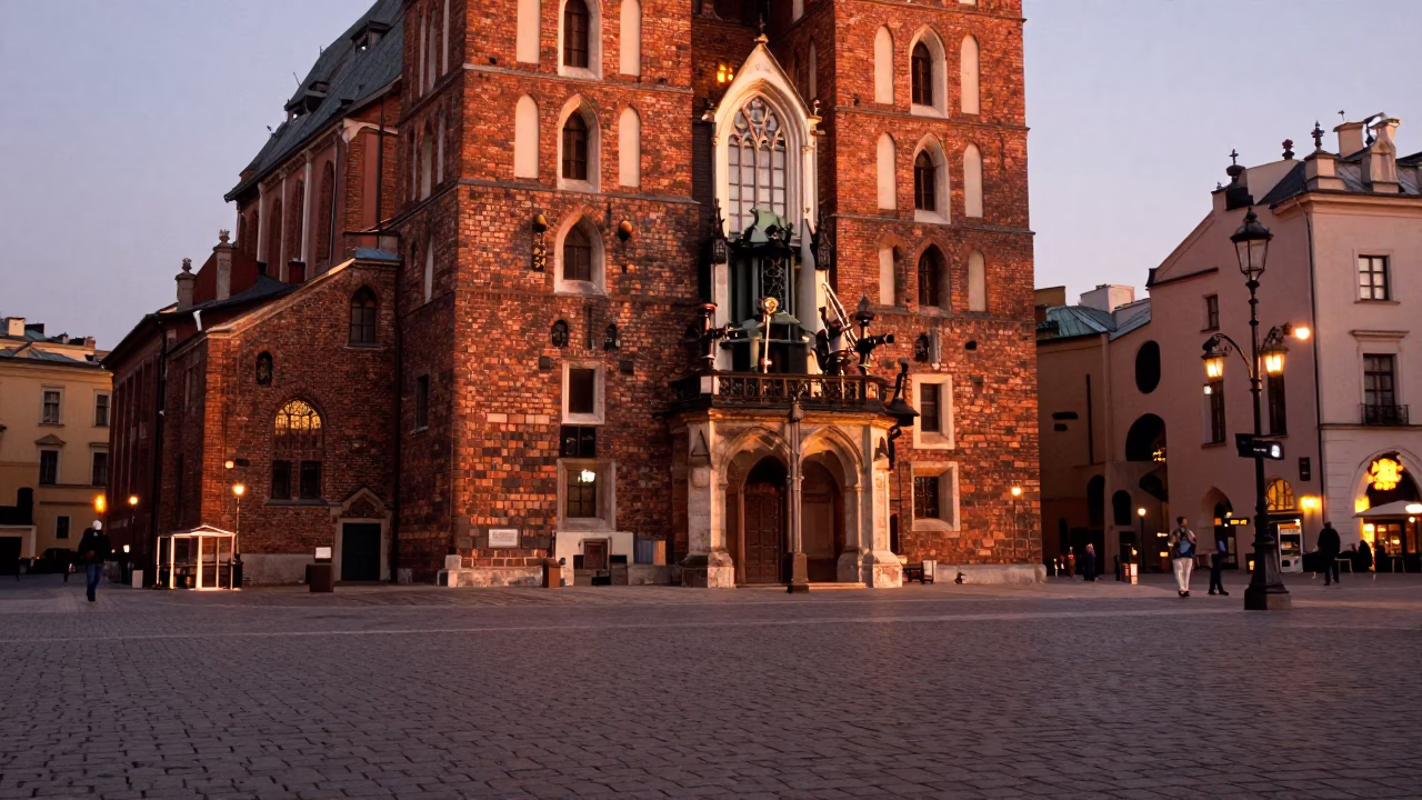 Copper-toned dusk light on cobblestone streets of Krakow Poland with historic architecture in in Krakow, Poland