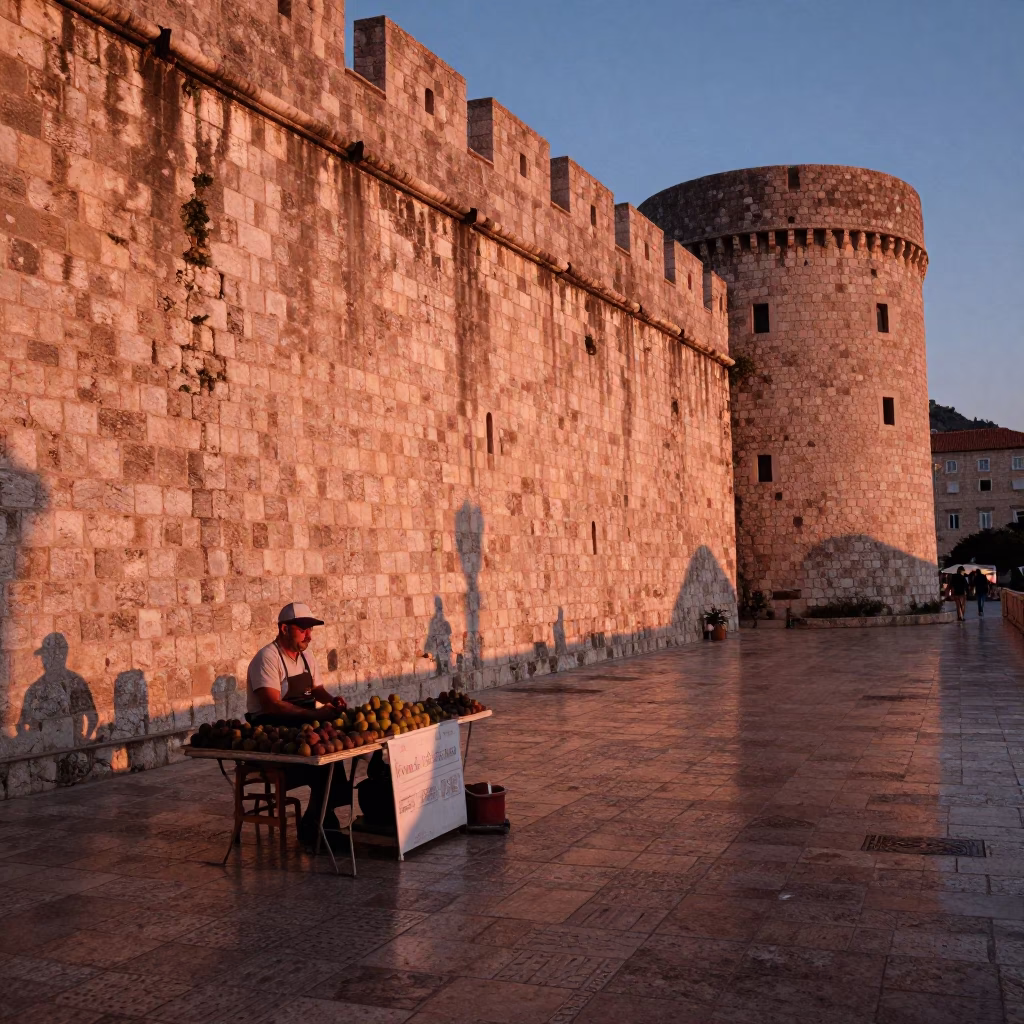 Copper-toned Dusk Light on Dubrovnik Old Town Stone Walls and Harbor in in Dubrovnik, Croatia