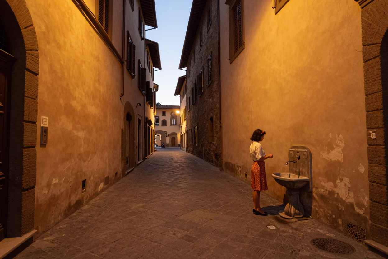 Copper Toned Dusk Light on Florentine Street with Traditional Wash Basin and Hand Mirror in in Florence, Italy