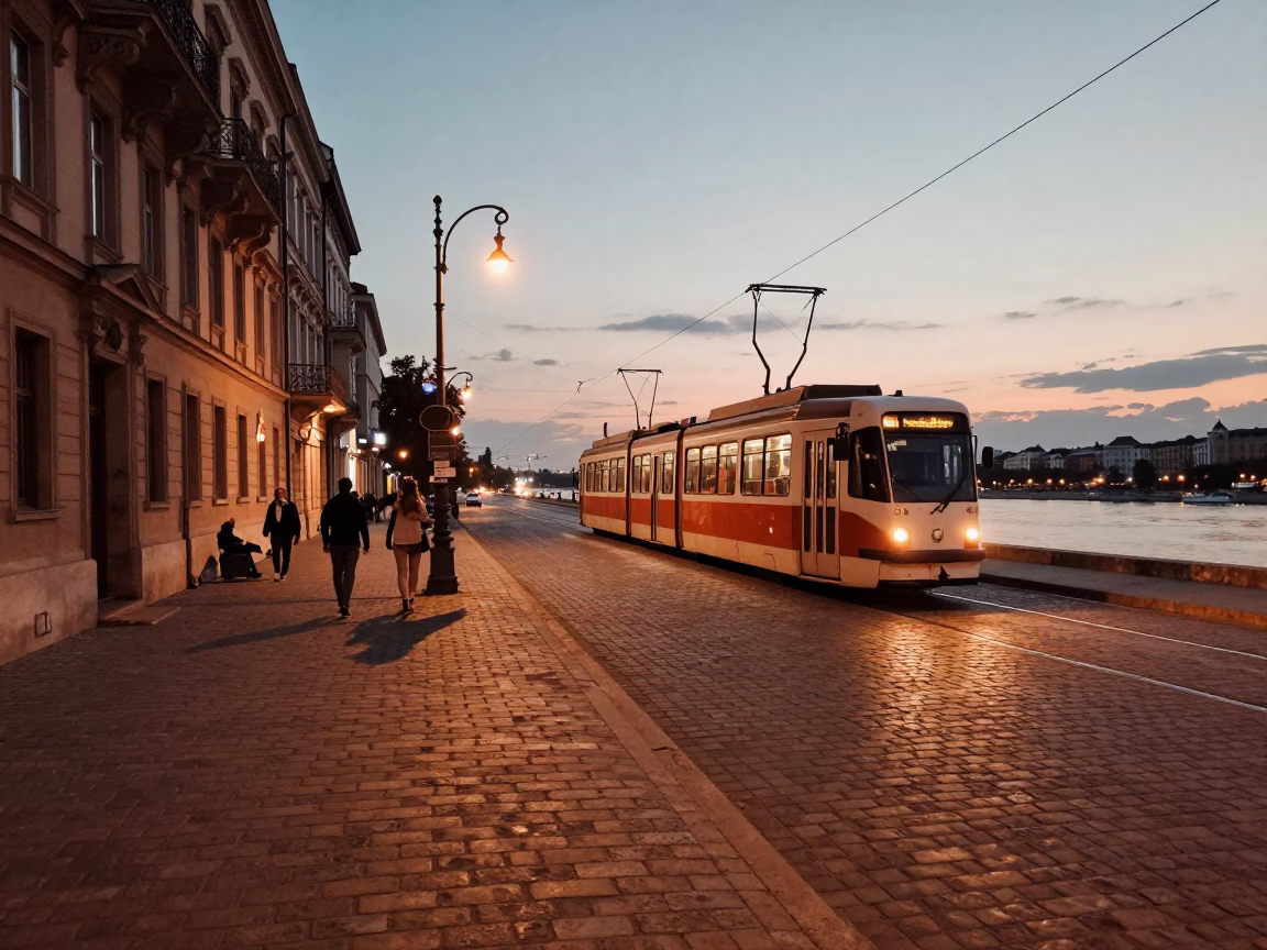 Copper-toned dusk light on historic Budapest Danube embankment street scene in in Budapest, Hungary