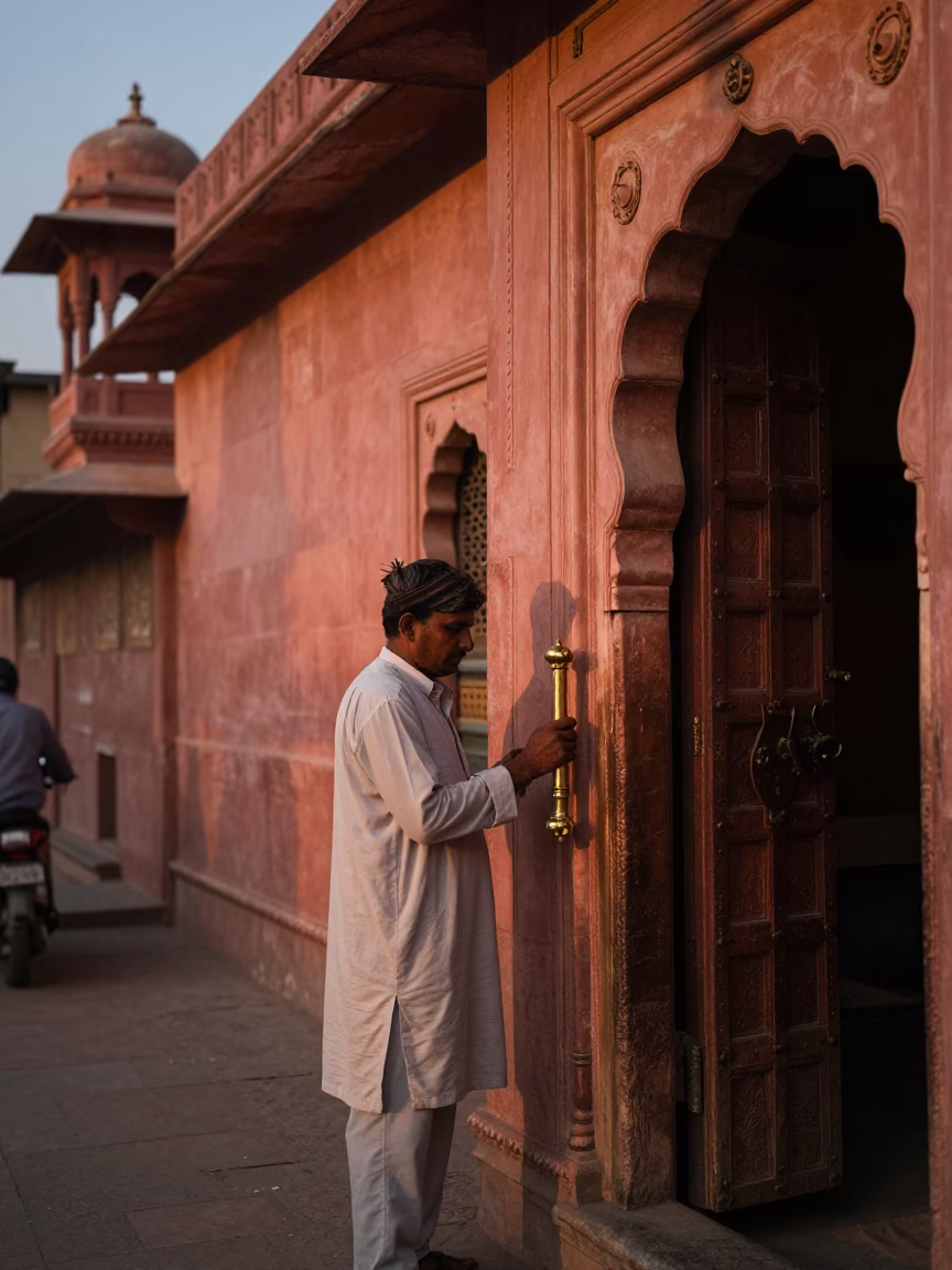 Copper-toned dusk light on Jaipur street with brass handle and porcelain jar in in Jaipur, India