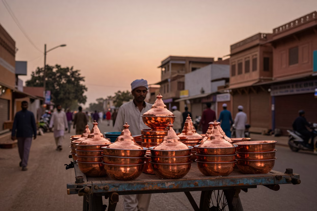 Copper-toned dusk light on Jaipur street with enamel bowls and vintage SUV in in Jaipur, India