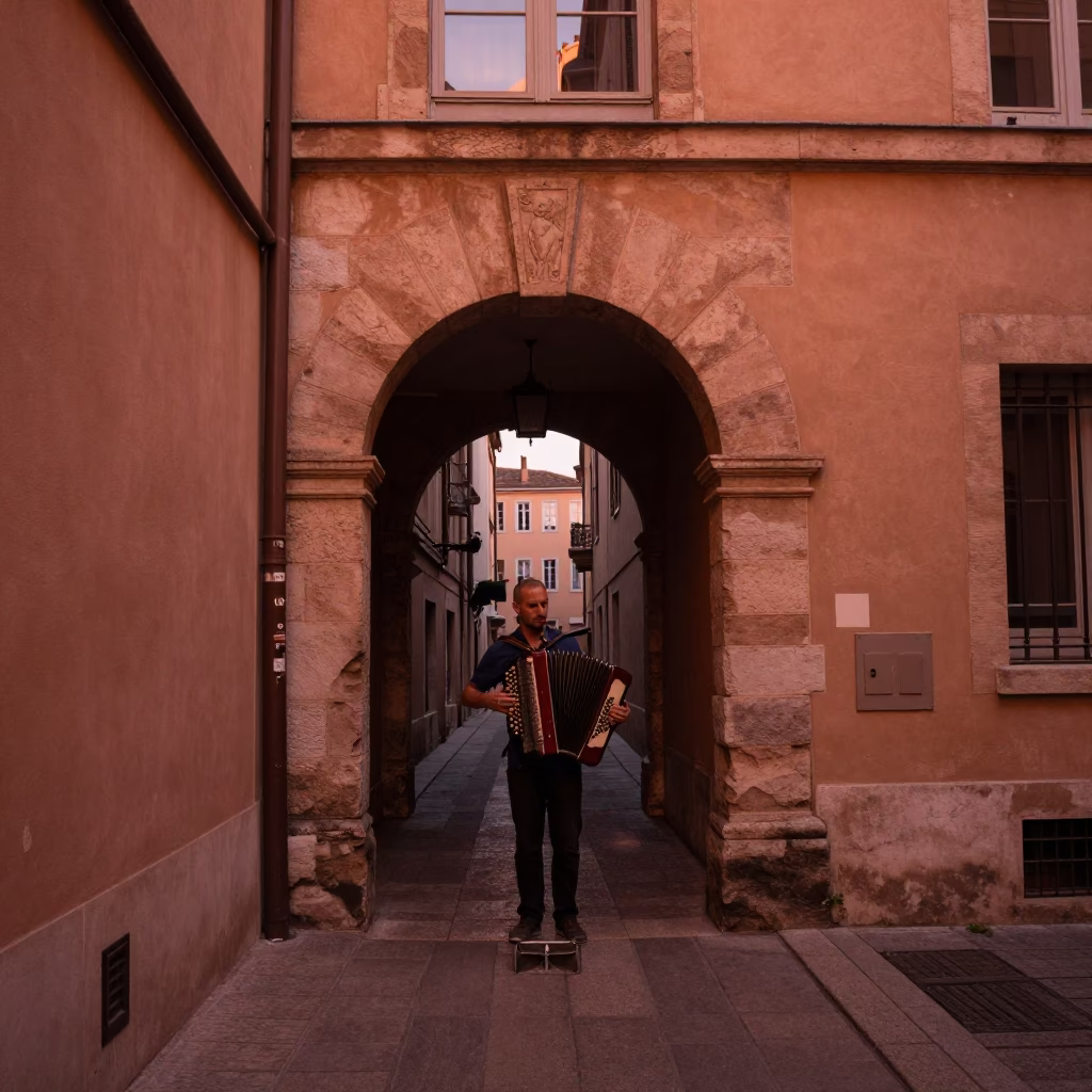Copper-toned dusk light on Lyon traboule with accordion player and cutlery in in Lyon, France